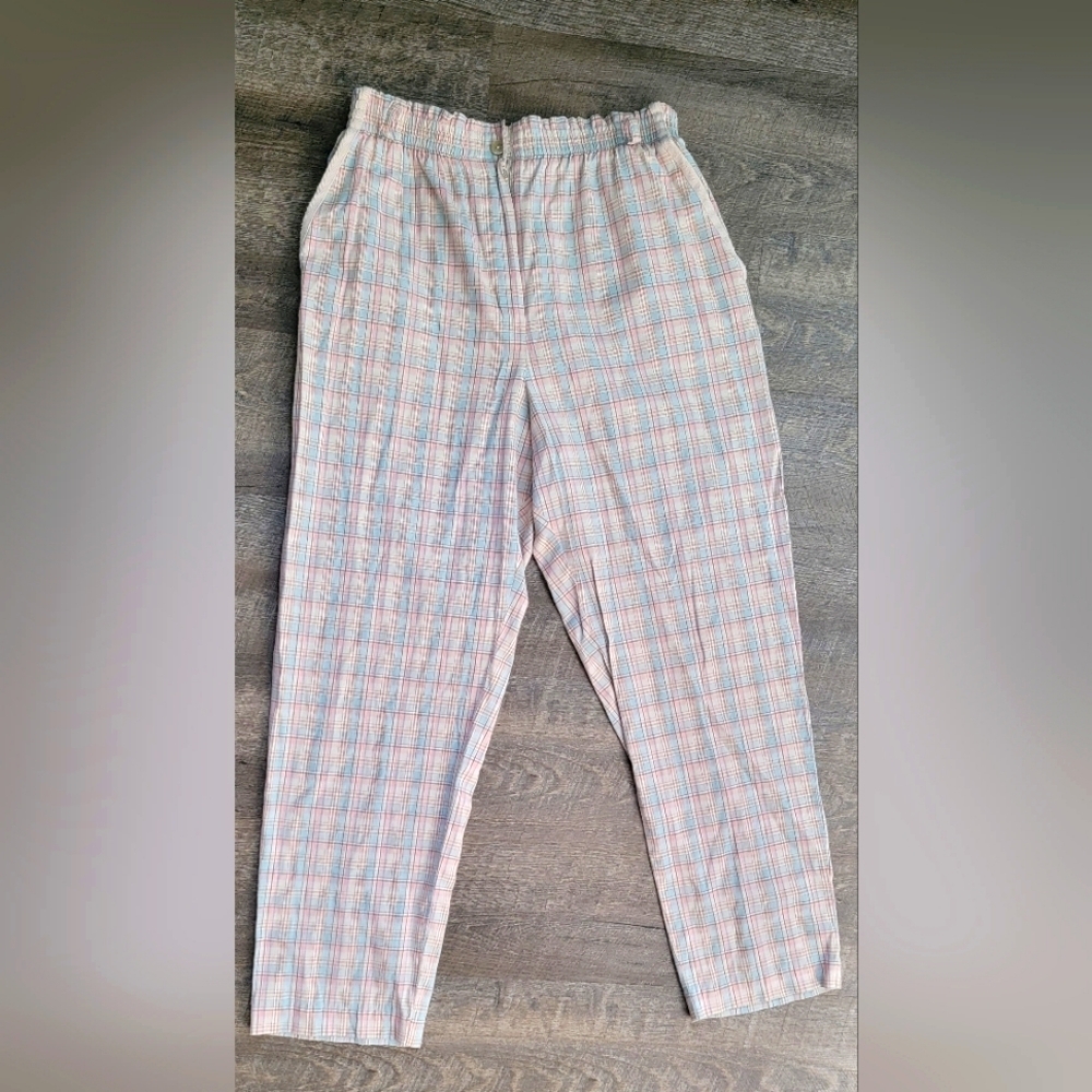90's Vintg Straight Leg Pants Women's 16 Pink&Blue Plaid Elastic Wasit Jantzen